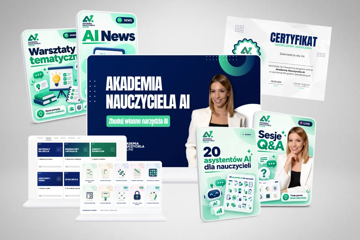 Zestaw Akademii Nauczyciela AI: moduły na platformie Skool, generatory, warsztaty tematyczne, AI News, 20 asystentów AI, sesje Q&A i certyfikat