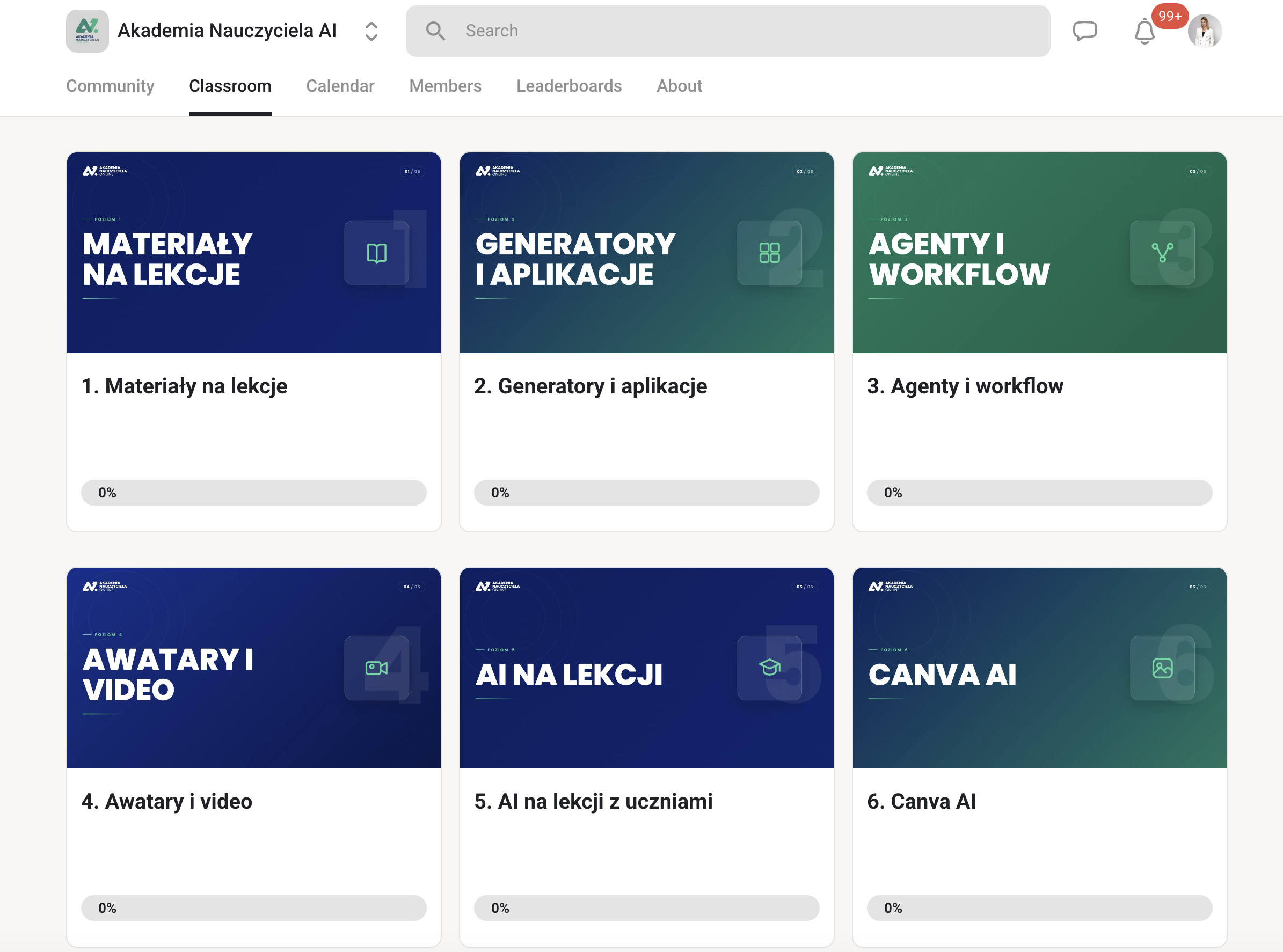 Widok sześciu modułów Akademii Nauczyciela AI na platformie Skool